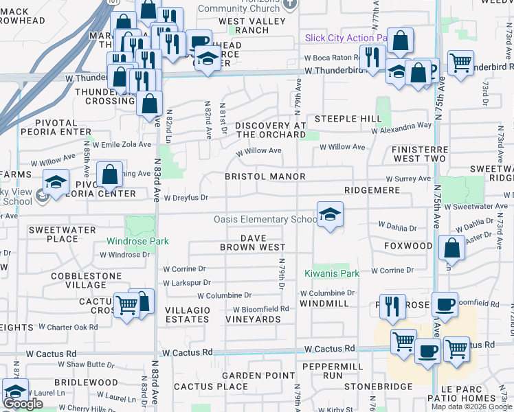 map of restaurants, bars, coffee shops, grocery stores, and more near 8008 West Sweetwater Avenue in Peoria
