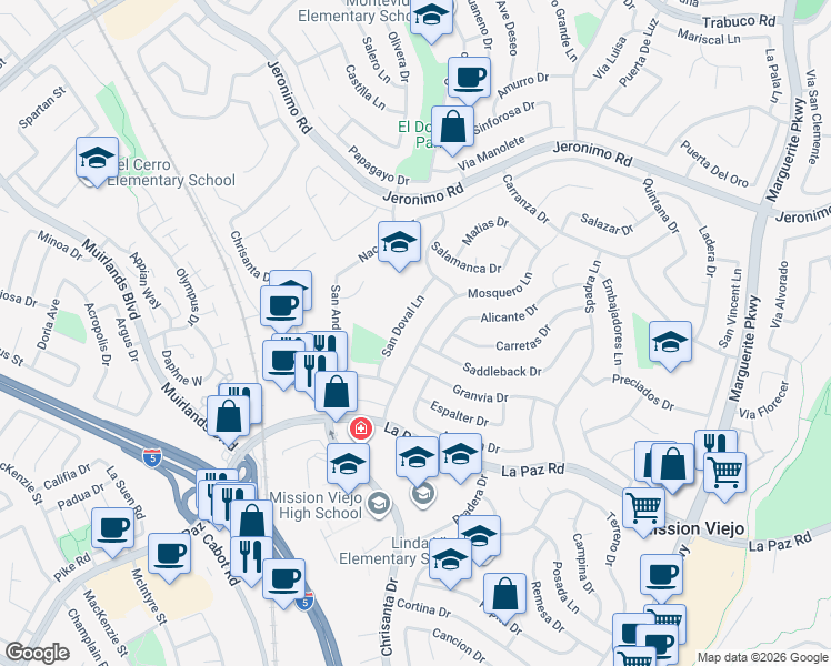 map of restaurants, bars, coffee shops, grocery stores, and more near 24751 Mosquero Lane in Mission Viejo