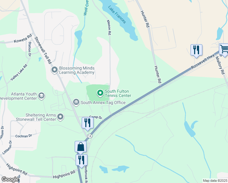map of restaurants, bars, coffee shops, grocery stores, and more near 5590 Mason Road in Atlanta