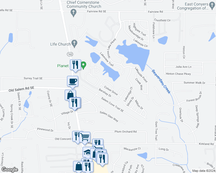 map of restaurants, bars, coffee shops, grocery stores, and more near 180 Colser Drive in Covington