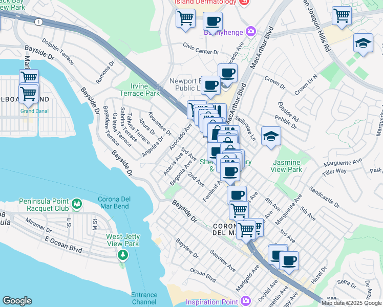 map of restaurants, bars, coffee shops, grocery stores, and more near 601 Begonia Avenue in Newport Beach