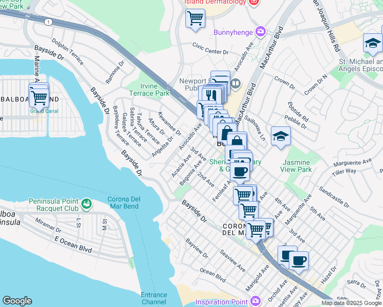 map of restaurants, bars, coffee shops, grocery stores, and more near Acacia Avenue in Newport Beach