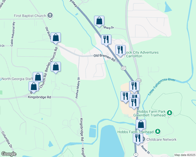 map of restaurants, bars, coffee shops, grocery stores, and more near 151 Fawn Circle in Carrollton