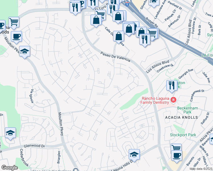 map of restaurants, bars, coffee shops, grocery stores, and more near 109 Via Estrada in Laguna Woods