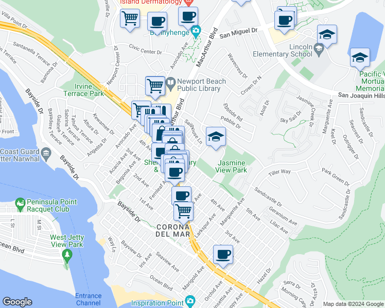 map of restaurants, bars, coffee shops, grocery stores, and more near 2720 Point Del Mar in Newport Beach