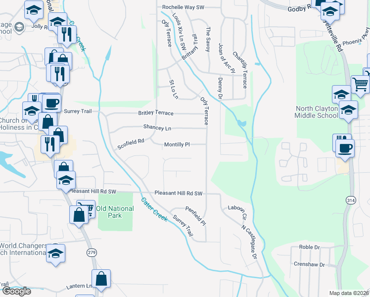 map of restaurants, bars, coffee shops, grocery stores, and more near 2160 Montilly Pl in Atlanta