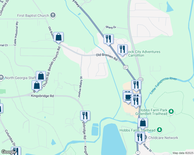map of restaurants, bars, coffee shops, grocery stores, and more near 151 Fawn Circle in Carrollton