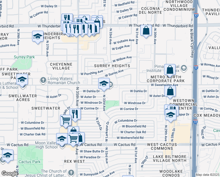 map of restaurants, bars, coffee shops, grocery stores, and more near 12835 North 33rd Avenue in Phoenix