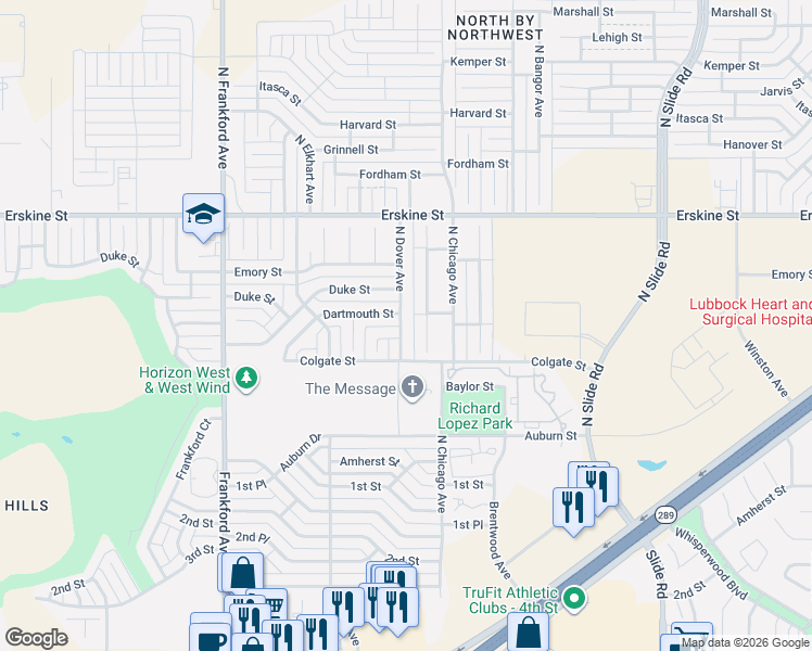 map of restaurants, bars, coffee shops, grocery stores, and more near 404 North Dover Avenue in Lubbock