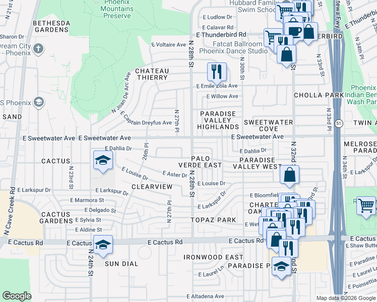 map of restaurants, bars, coffee shops, grocery stores, and more near 2802 East Windrose Drive in Phoenix