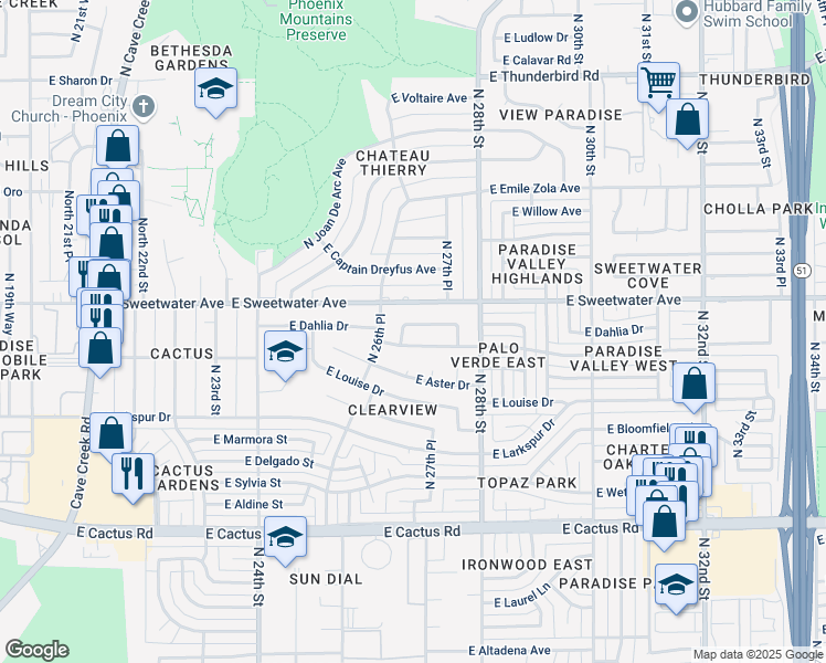 map of restaurants, bars, coffee shops, grocery stores, and more near 2708 East Windrose Drive in Phoenix