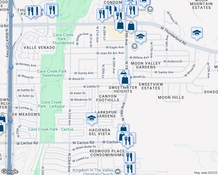 map of restaurants, bars, coffee shops, grocery stores, and more near 2022 West Aster Drive in Phoenix