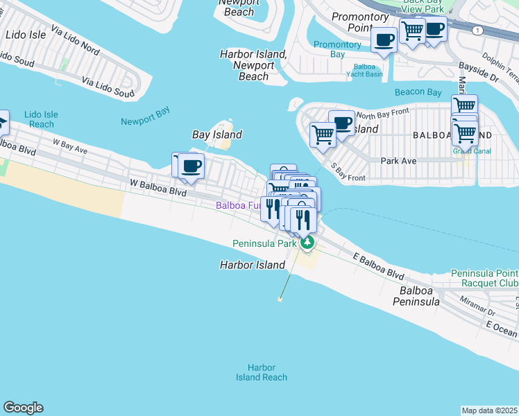 map of restaurants, bars, coffee shops, grocery stores, and more near 319 East Balboa Boulevard in Newport Beach