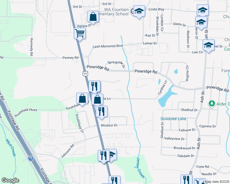 map of restaurants, bars, coffee shops, grocery stores, and more near 5537 Pineridge Court in Forest Park