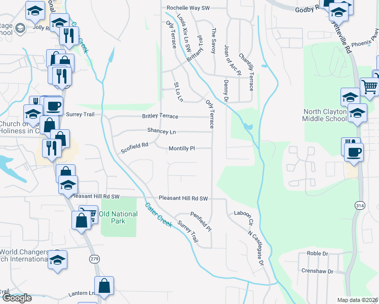 map of restaurants, bars, coffee shops, grocery stores, and more near 2160 Montilly Place in Atlanta