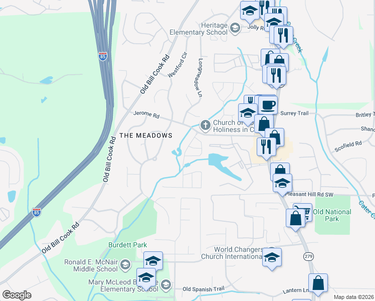 map of restaurants, bars, coffee shops, grocery stores, and more near 5772 3 Lakes Drive in College Park