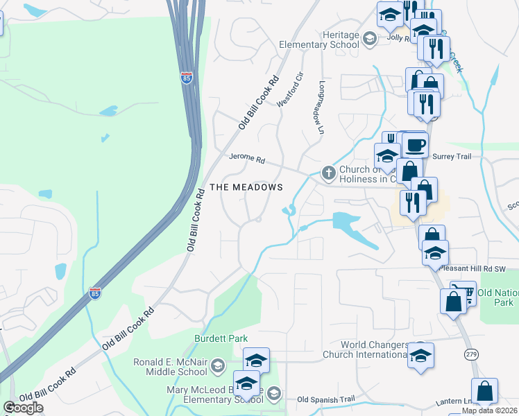 map of restaurants, bars, coffee shops, grocery stores, and more near 5675 Deerfield Trail in College Park