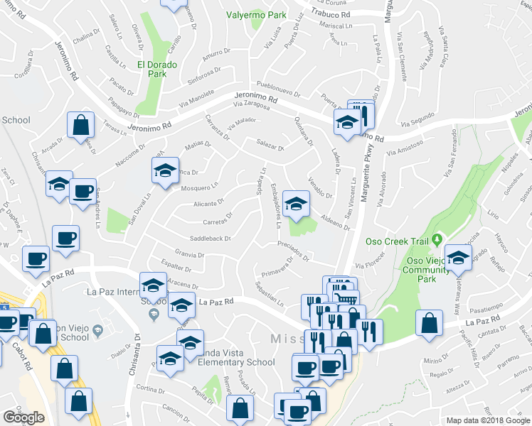 map of restaurants, bars, coffee shops, grocery stores, and more near 24766 Spadra Lane in Mission Viejo