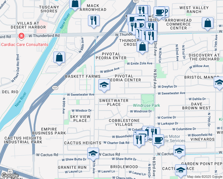 map of restaurants, bars, coffee shops, grocery stores, and more near 8624 West Sweetwater Avenue in Peoria