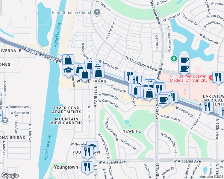 map of restaurants, bars, coffee shops, grocery stores, and more near 10927 West Coggins Drive in Sun City