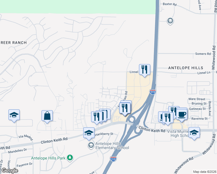 map of restaurants, bars, coffee shops, grocery stores, and more near 35670 Gentian Lane in Murrieta