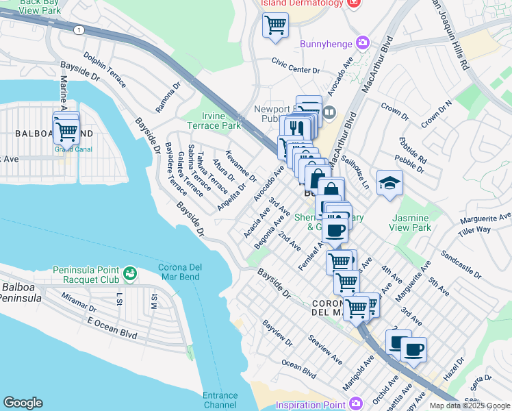 map of restaurants, bars, coffee shops, grocery stores, and more near 505 Acacia Avenue in Newport Beach
