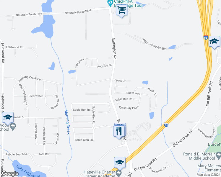 map of restaurants, bars, coffee shops, grocery stores, and more near 5548 Buffington Road in Atlanta