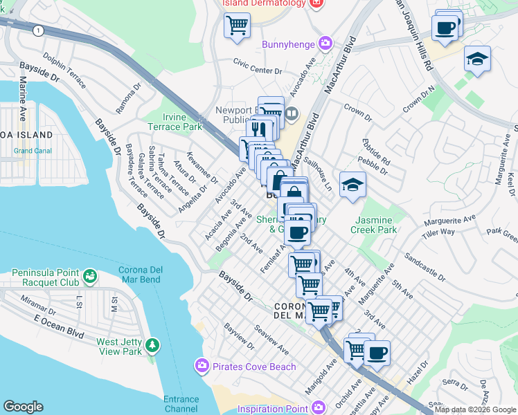 map of restaurants, bars, coffee shops, grocery stores, and more near 612 Begonia Avenue in Newport Beach