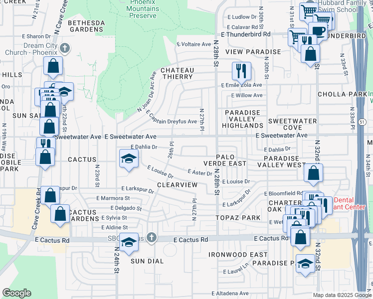 map of restaurants, bars, coffee shops, grocery stores, and more near 2708 East Windrose Drive in Phoenix