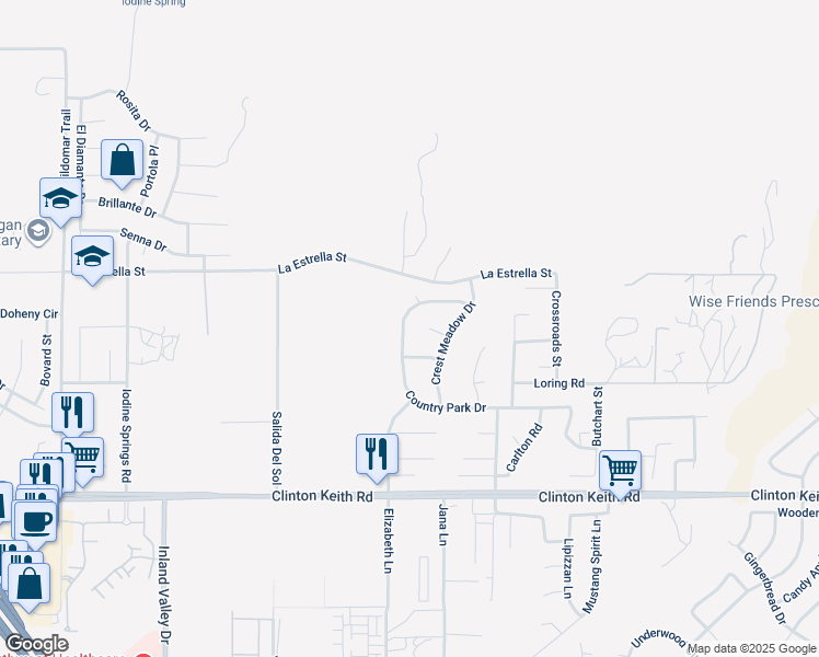 map of restaurants, bars, coffee shops, grocery stores, and more near 35616 Country Park Drive in Wildomar
