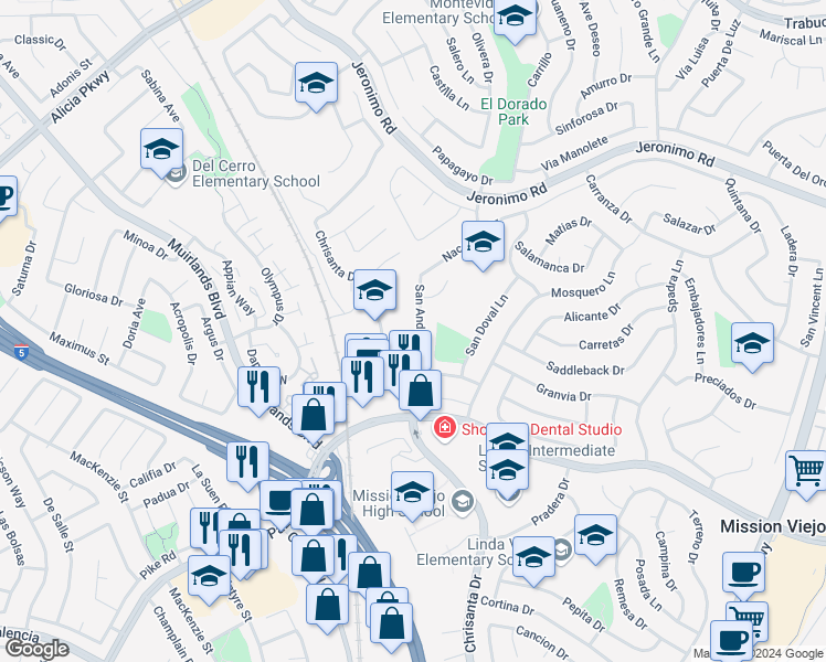 map of restaurants, bars, coffee shops, grocery stores, and more near 24765 San Andres Lane in Mission Viejo