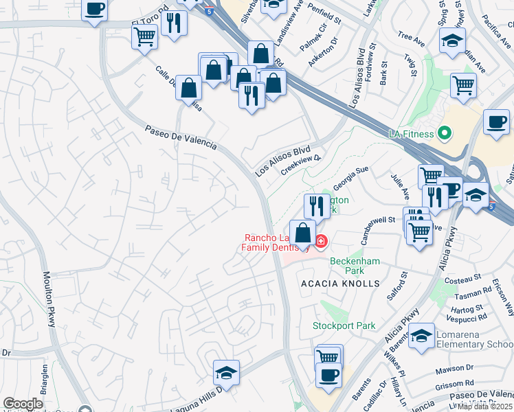 map of restaurants, bars, coffee shops, grocery stores, and more near 169 Avenida Majorca in Laguna Woods
