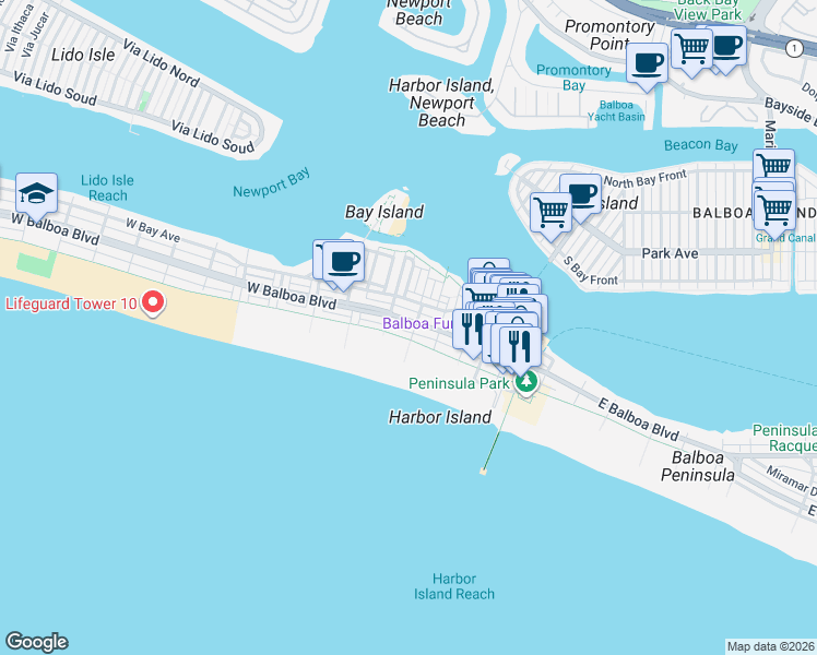 map of restaurants, bars, coffee shops, grocery stores, and more near 217 East Balboa Boulevard in Newport Beach