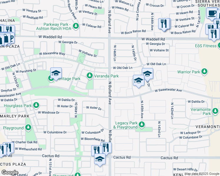 map of restaurants, bars, coffee shops, grocery stores, and more near 13113 North Bullard Avenue in Surprise