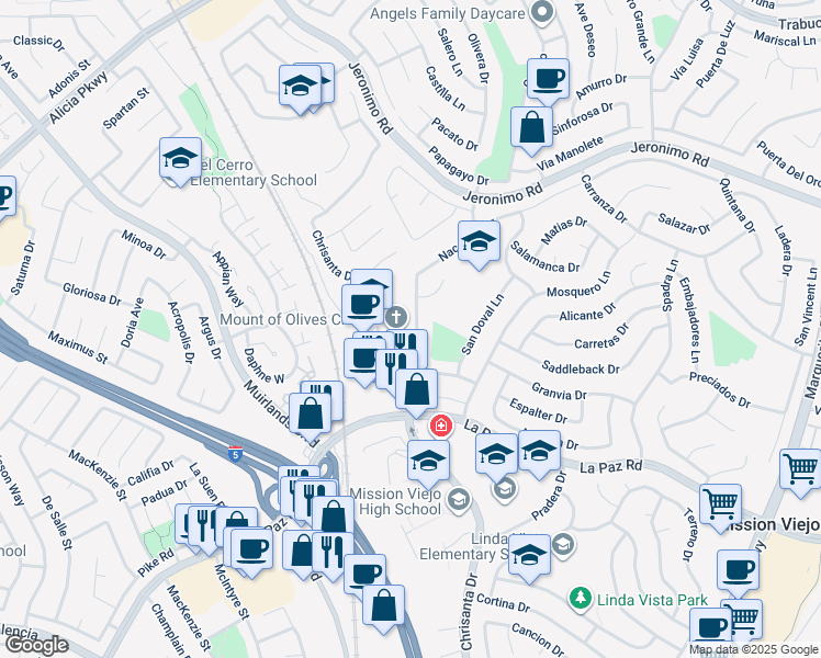 map of restaurants, bars, coffee shops, grocery stores, and more near 24765 San Andres Lane in Mission Viejo