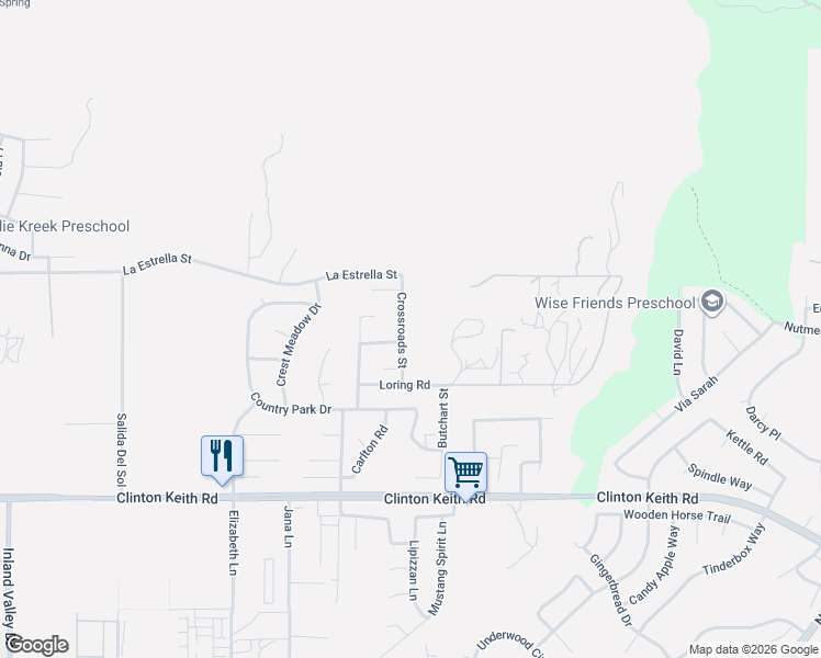 map of restaurants, bars, coffee shops, grocery stores, and more near 35620 Crossroads Street in Wildomar