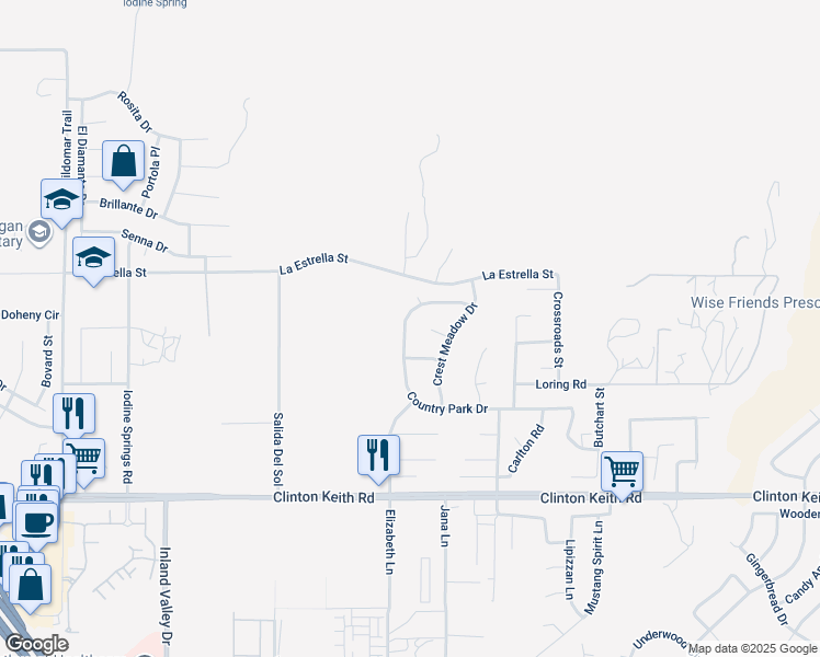map of restaurants, bars, coffee shops, grocery stores, and more near 35616 Country Park Drive in Wildomar
