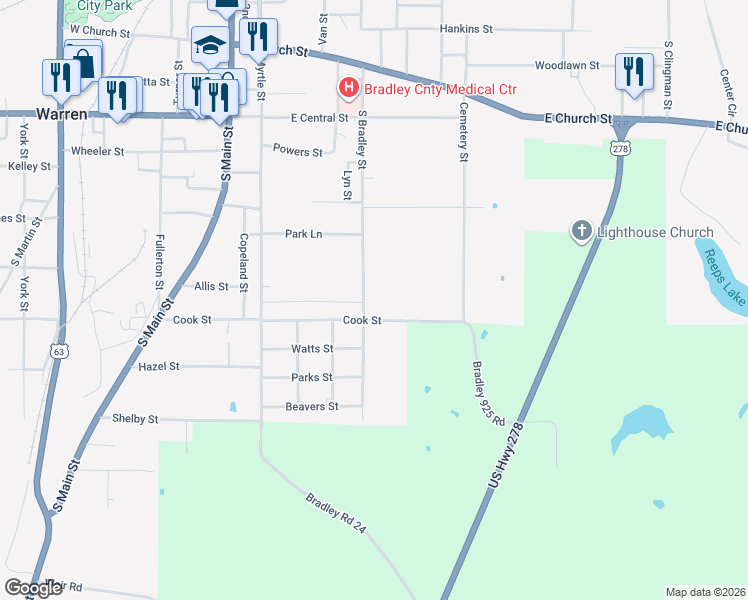 map of restaurants, bars, coffee shops, grocery stores, and more near 604 Cook Street in Warren