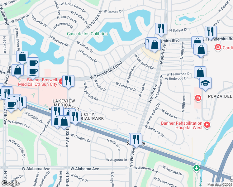 map of restaurants, bars, coffee shops, grocery stores, and more near 13043 North 100th Drive in Sun City