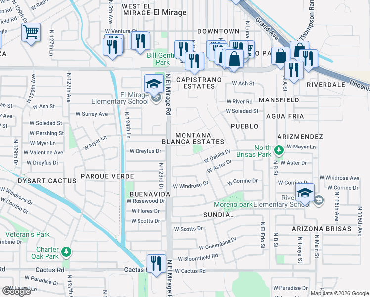 map of restaurants, bars, coffee shops, grocery stores, and more near 12172 West Dreyfus Drive in El Mirage