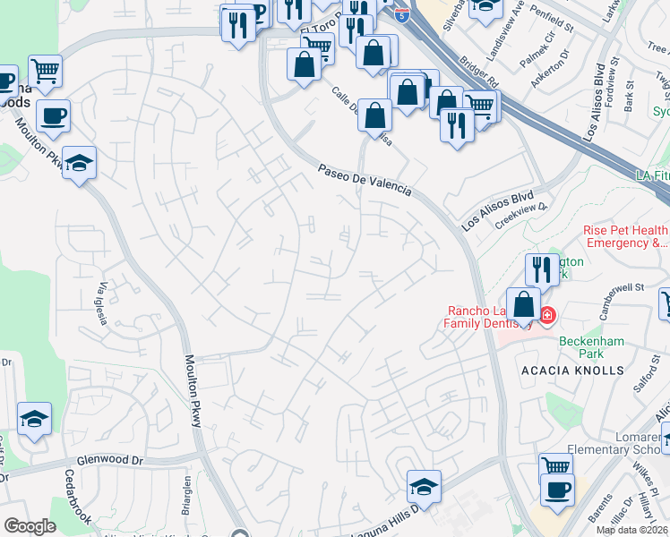 map of restaurants, bars, coffee shops, grocery stores, and more near 109 Via Estrada in Laguna Woods
