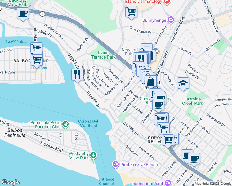 map of restaurants, bars, coffee shops, grocery stores, and more near 431 Avocado Avenue in Newport Beach