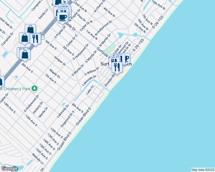 map of restaurants, bars, coffee shops, grocery stores, and more near 313A Ocean Boulevard South in Surfside Beach