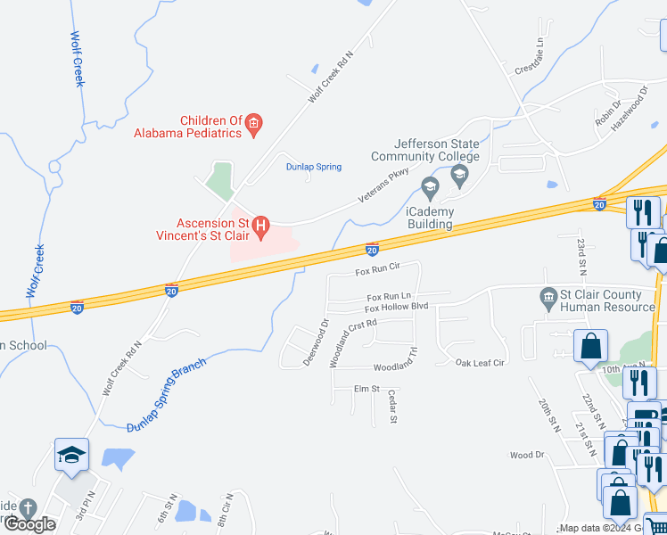 map of restaurants, bars, coffee shops, grocery stores, and more near 265 Fox Run Circle in Pell City