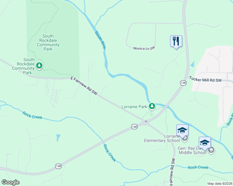 map of restaurants, bars, coffee shops, grocery stores, and more near 3655 East Fairview Road Southwest in Stockbridge