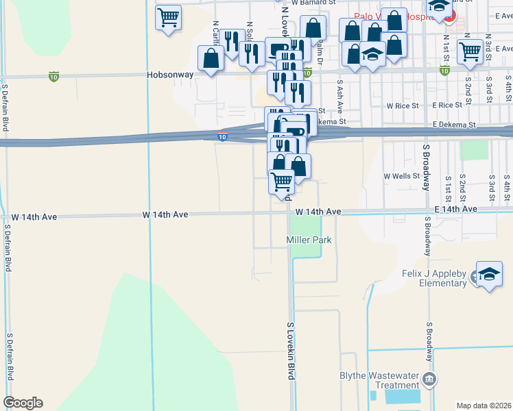 map of restaurants, bars, coffee shops, grocery stores, and more near 480 South Solano Avenue in Blythe