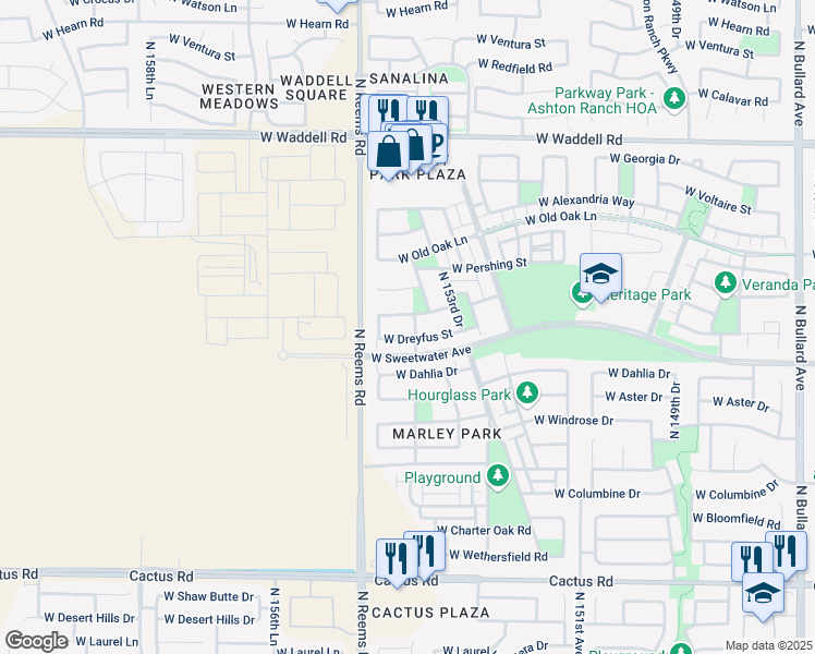 map of restaurants, bars, coffee shops, grocery stores, and more near 13126 North 154th Avenue in Surprise