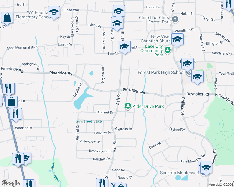 map of restaurants, bars, coffee shops, grocery stores, and more near 5553 Ash Street in Forest Park