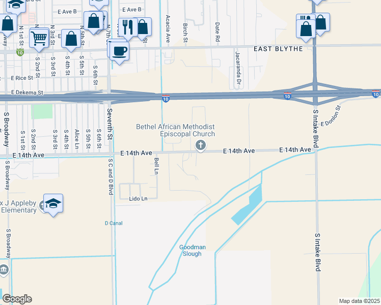 map of restaurants, bars, coffee shops, grocery stores, and more near 1358 East 14th Avenue in Blythe