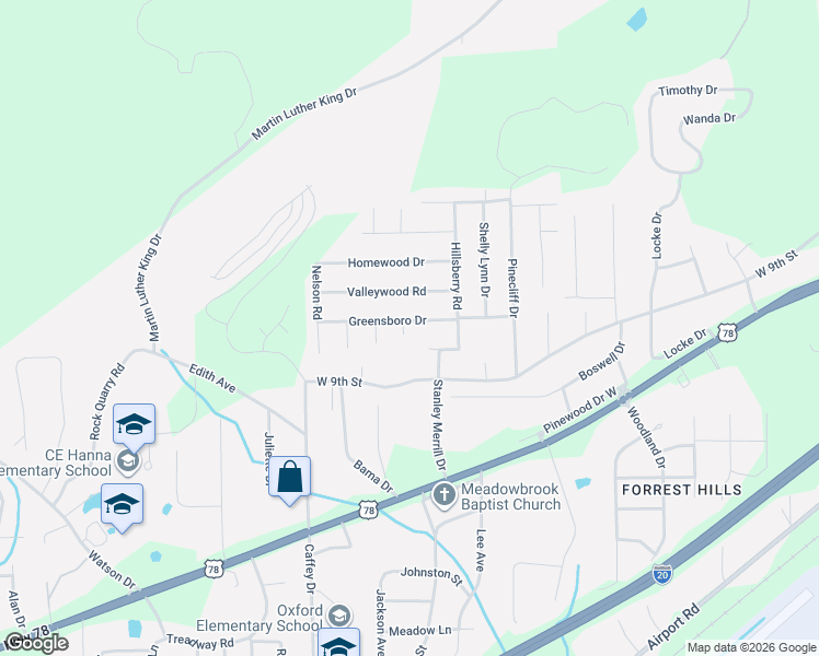 map of restaurants, bars, coffee shops, grocery stores, and more near 1209 Greensboro Drive in Oxford